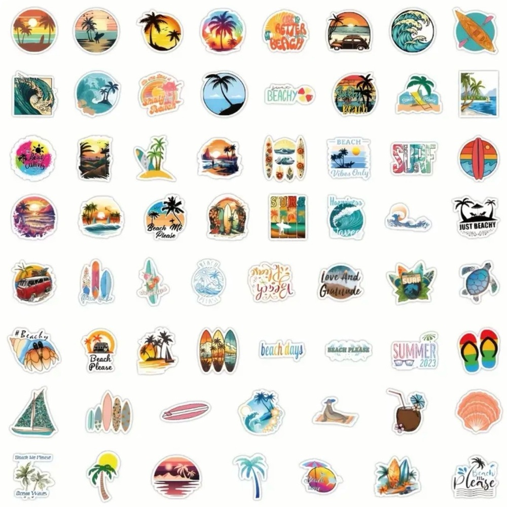 Set of 120 Beach Vibes Stickers Tropical Palm Trees Sun Summer Surf - Picture 3 of 6
